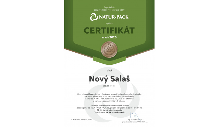 Certifikát za triedený odpad