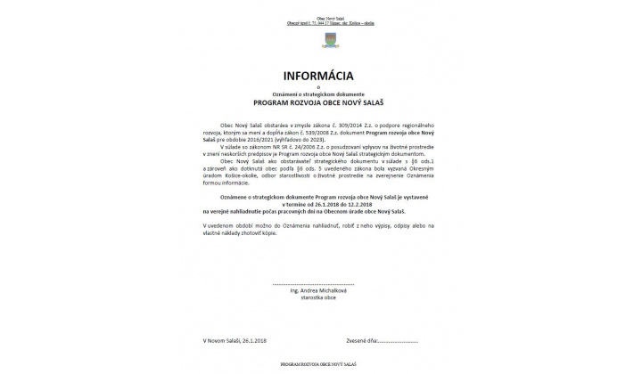 Informácia o Oznámení o strategickom dokumente